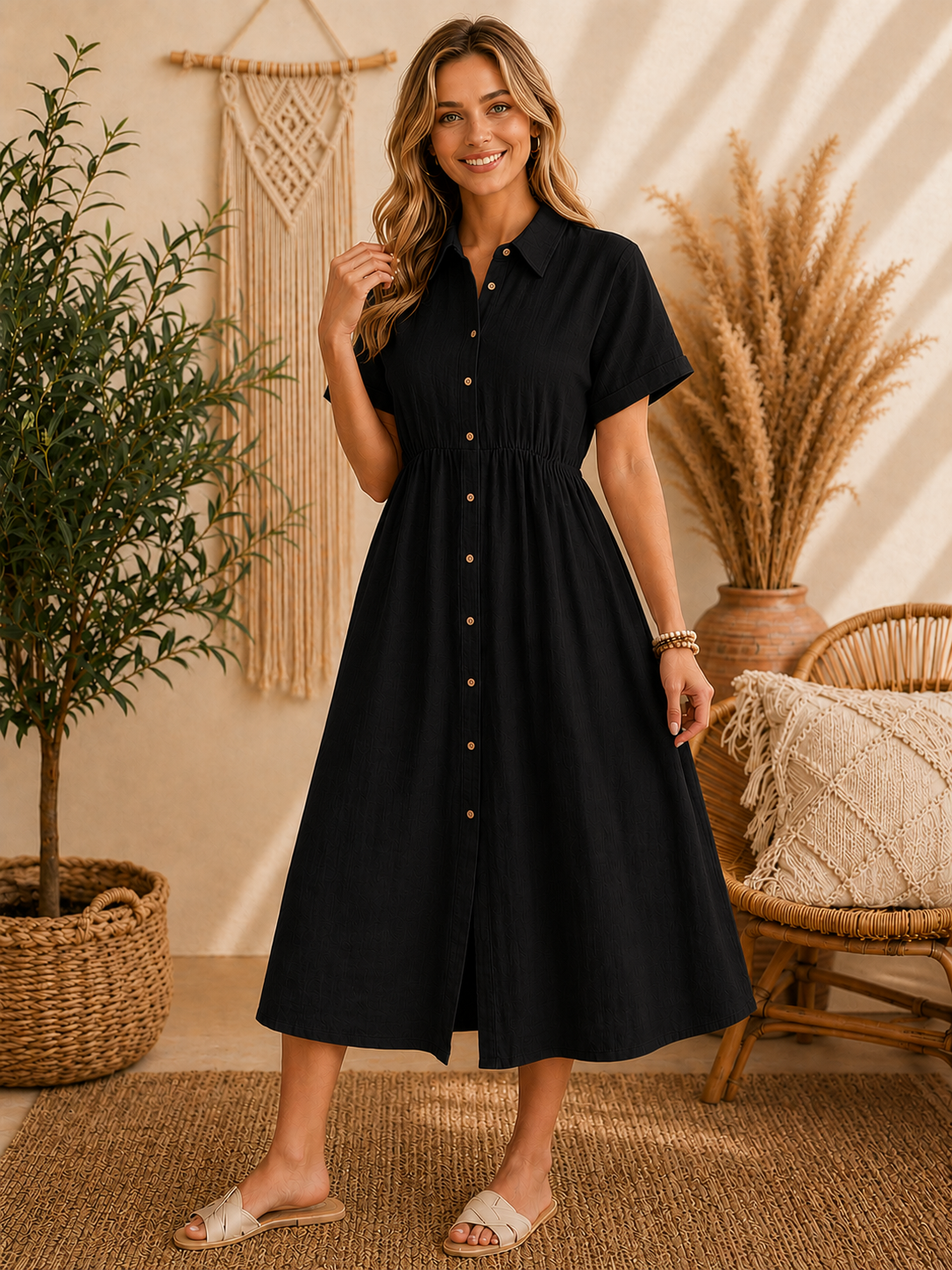 Blush Linen Button-Front Midi Dress – Relaxed Boho Summer Dress