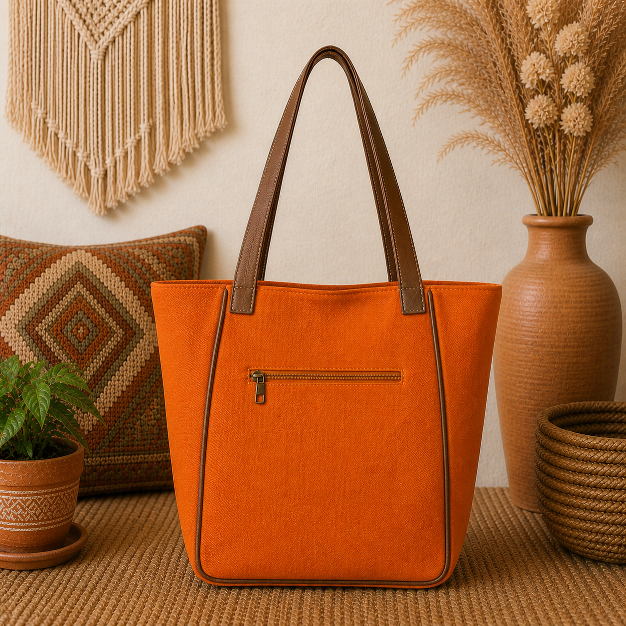 Large Linen Tote Bag with Leather Straps