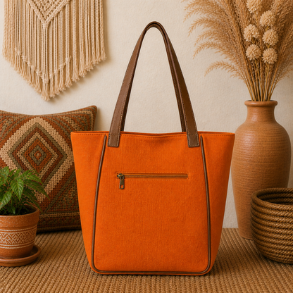 Large Linen Tote Bag with Leather Straps