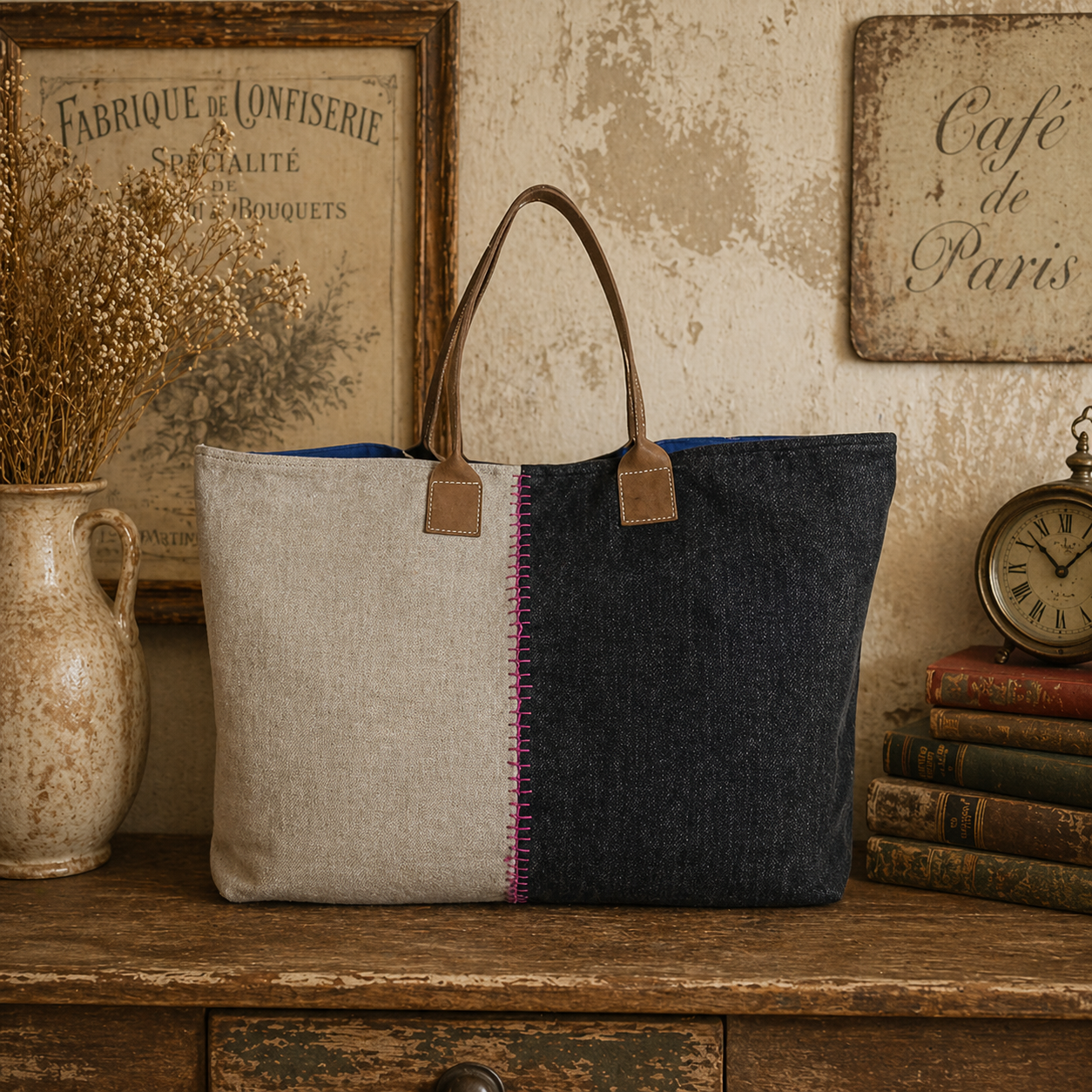 Elegant Linen Color Block Handbag with Genuine Leather Handles