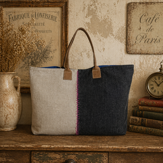 Elegant Linen Color Block Handbag with Genuine Leather Handles