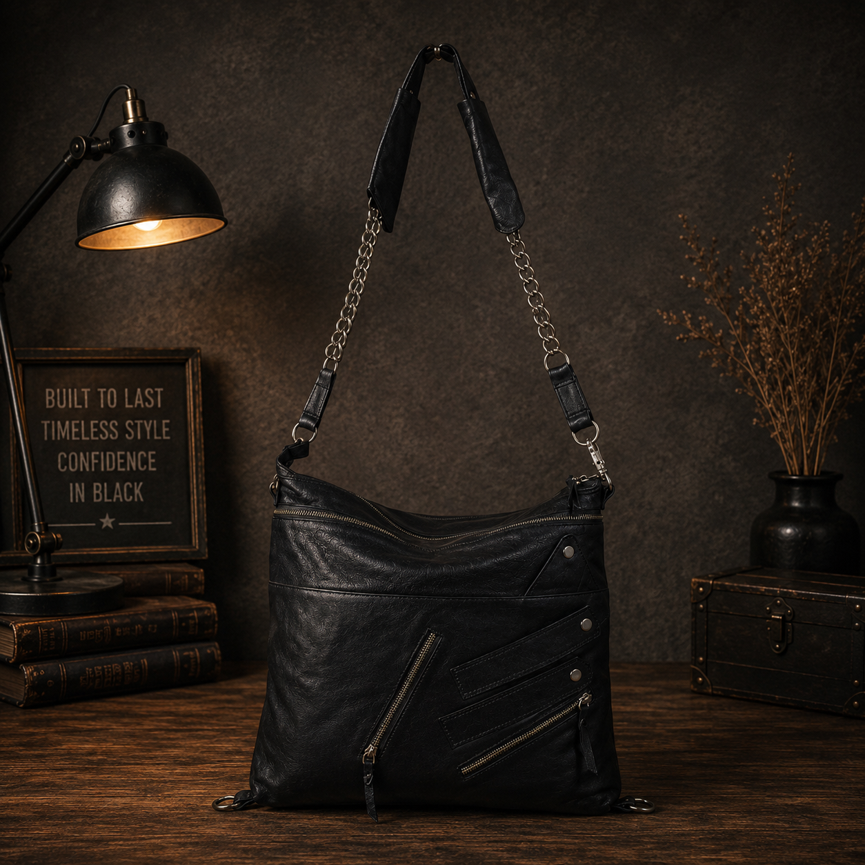 Black Leather Zipper Tote Bag