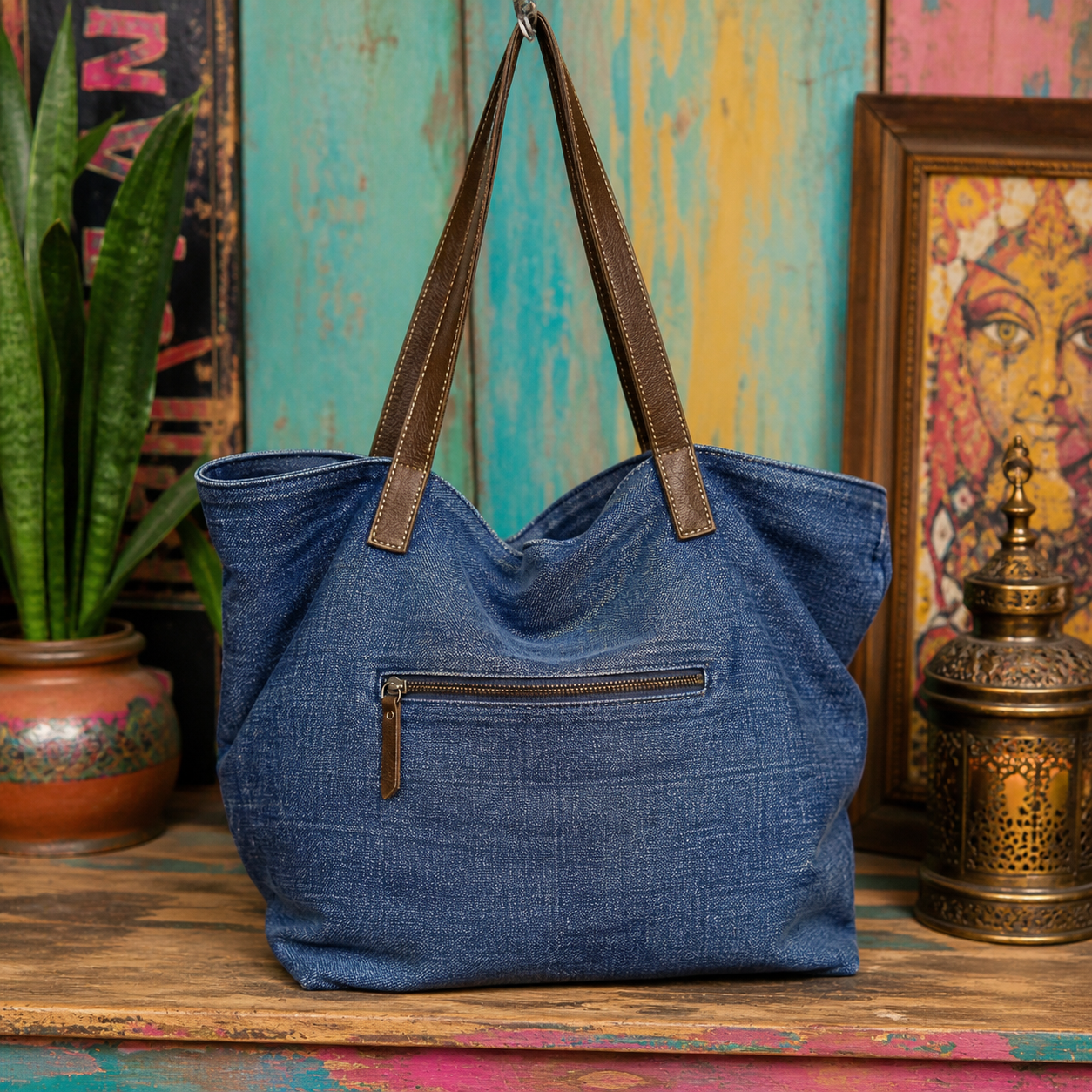 Large Linen Shoulder Tote Bag with Leather Strap