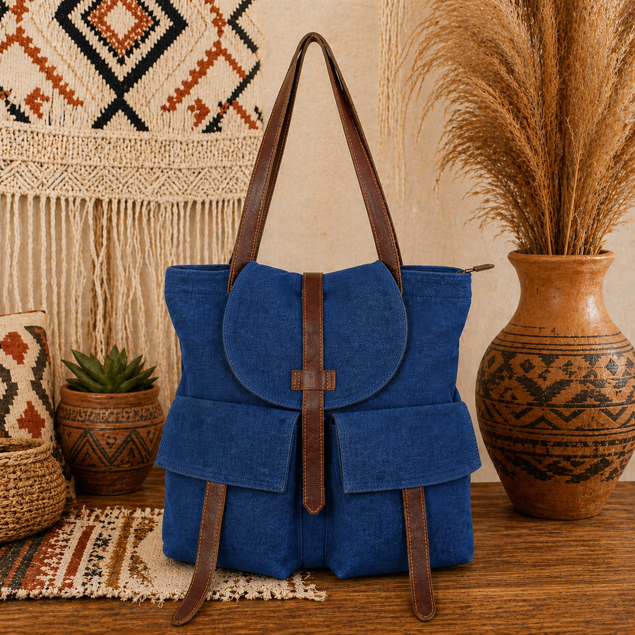 Large Linen Shoulder Tote Bag with Cargo Pocket
