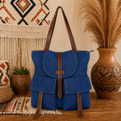 Large Linen Shoulder Tote Bag with Cargo Pocket