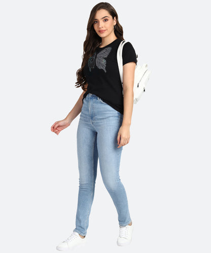Women Sequins Motifs Embellished Cotton T-shirt