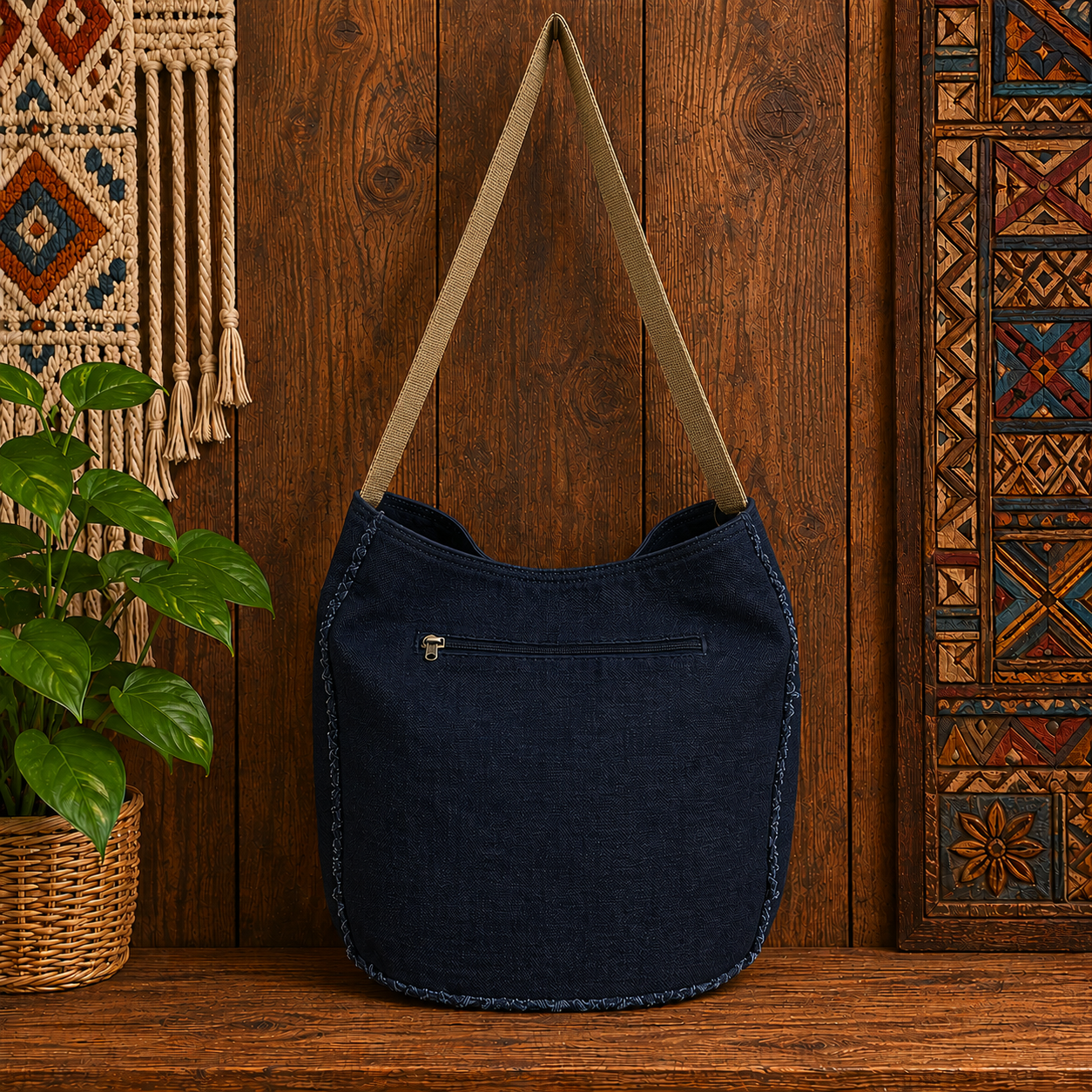 Large Linen Hobo Shoulder Bag