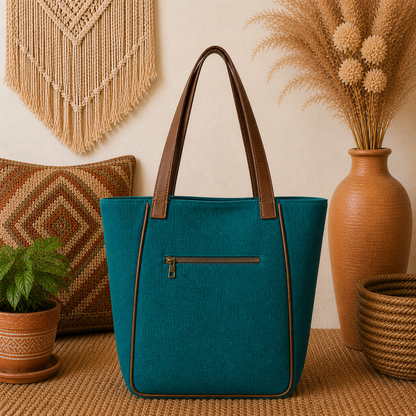 Large Linen Tote Bag with Leather Straps