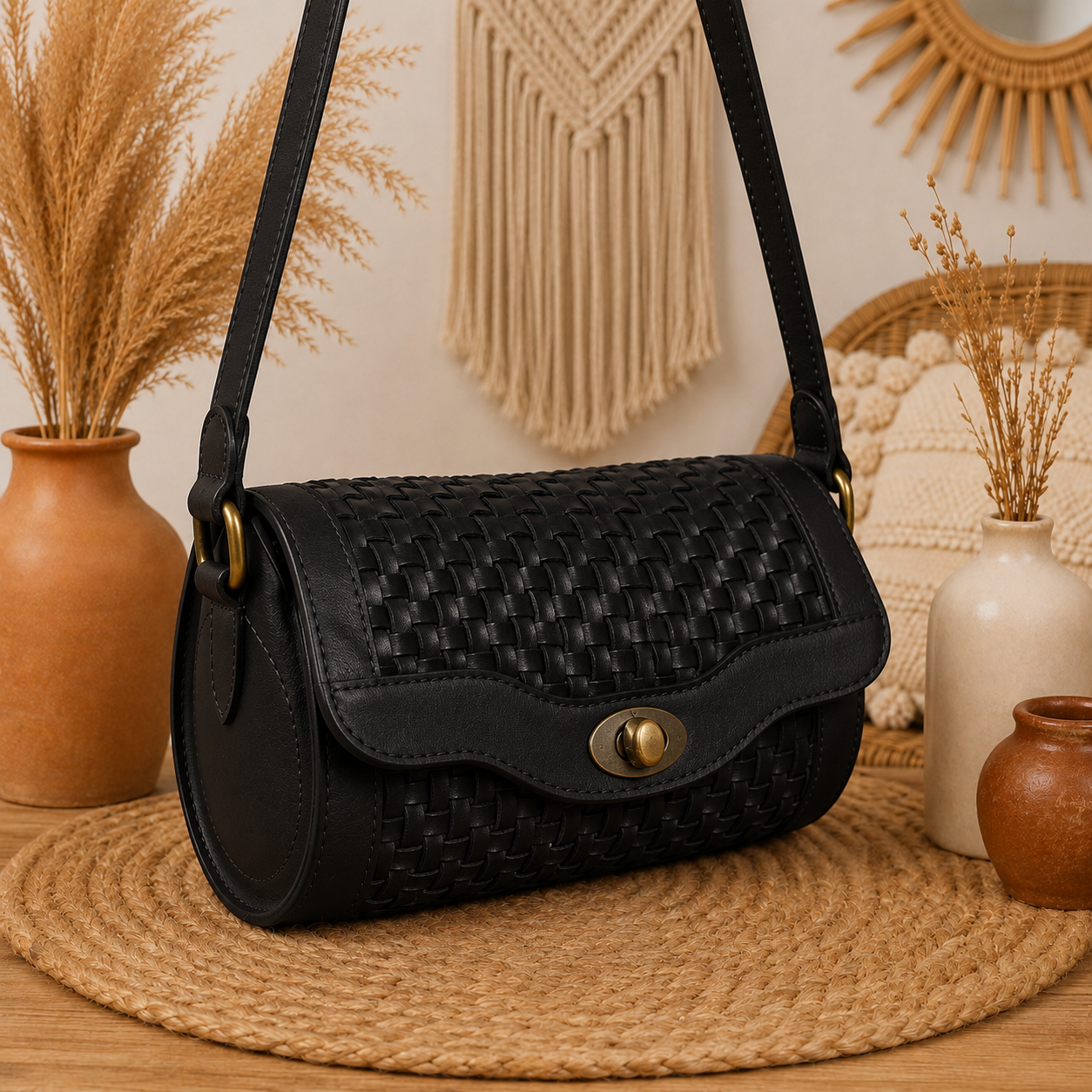 Barrel Leather Bag with Twill Weave