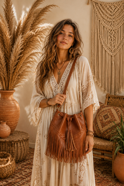 Boho Fringe Bucket Bag for Women