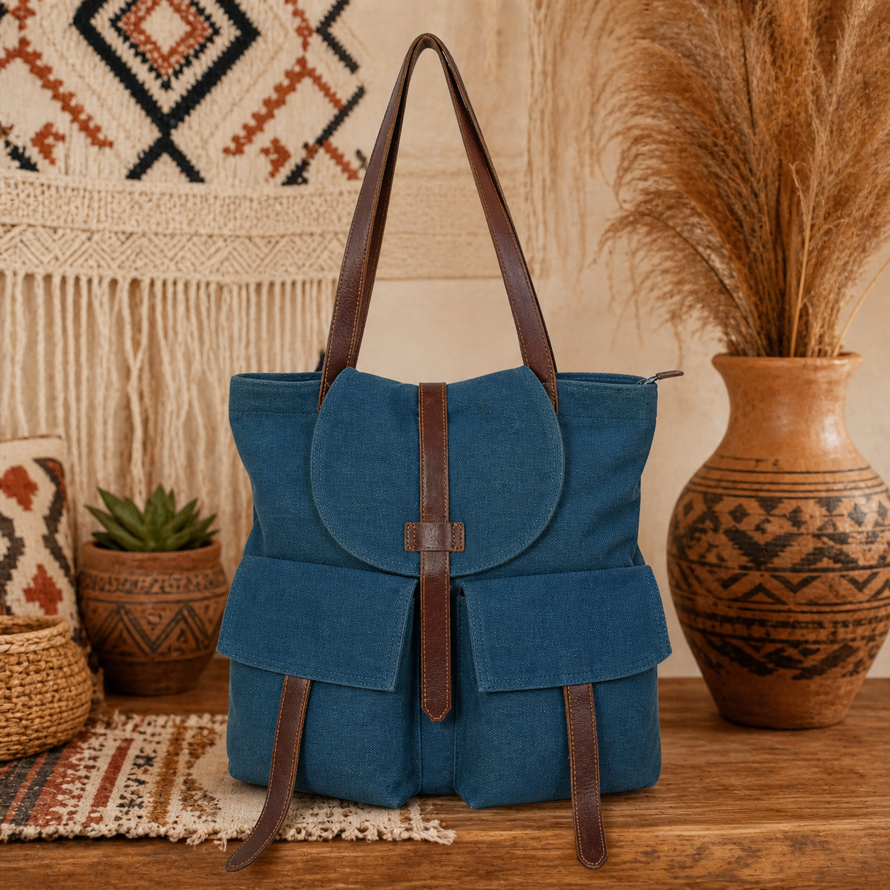 Large Linen Shoulder Tote Bag with Cargo Pocket