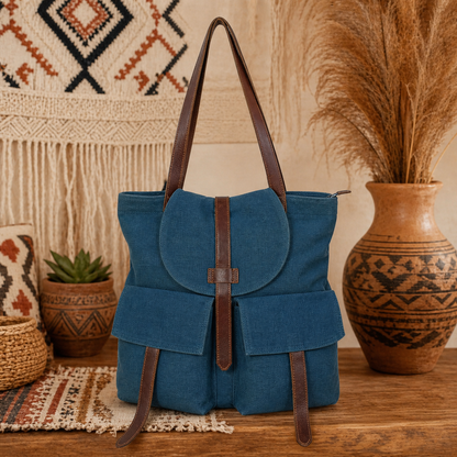 Large Linen Shoulder Tote Bag with Cargo Pocket