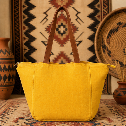 Large Linen Tote Bag with Leather Strap