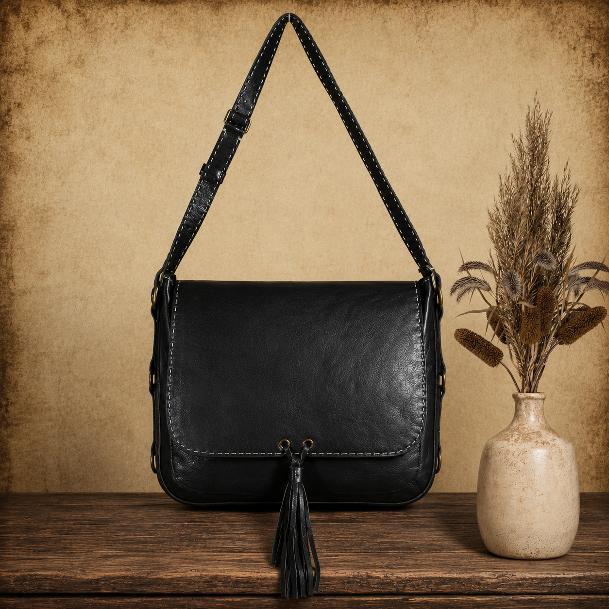 Cognac Flap Leather Handbag