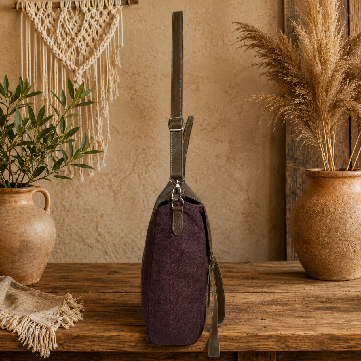 Large Linen &  Leather Satchel Shoulder Bag