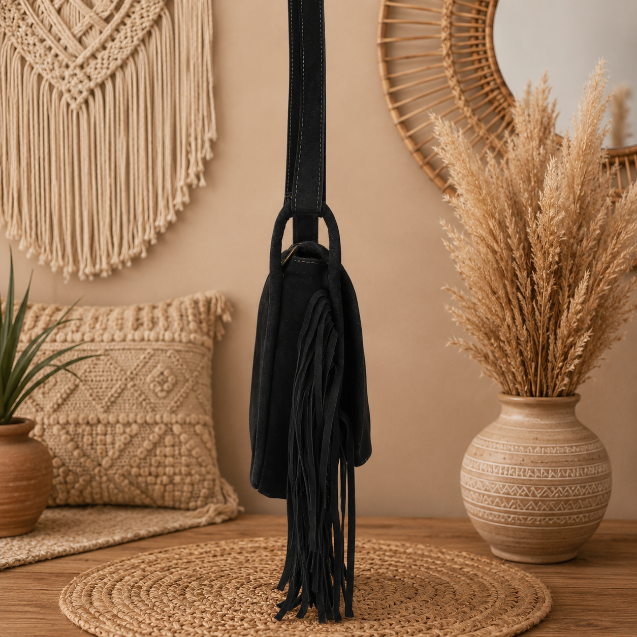 Suede Crossbody Leather Bag  with Fringes