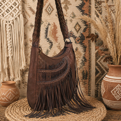 Boho Luxe: Cognac Leather Baguette Fringe Handbag