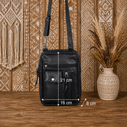 Black Crossbody Leather Bag with Adjustable Strap"