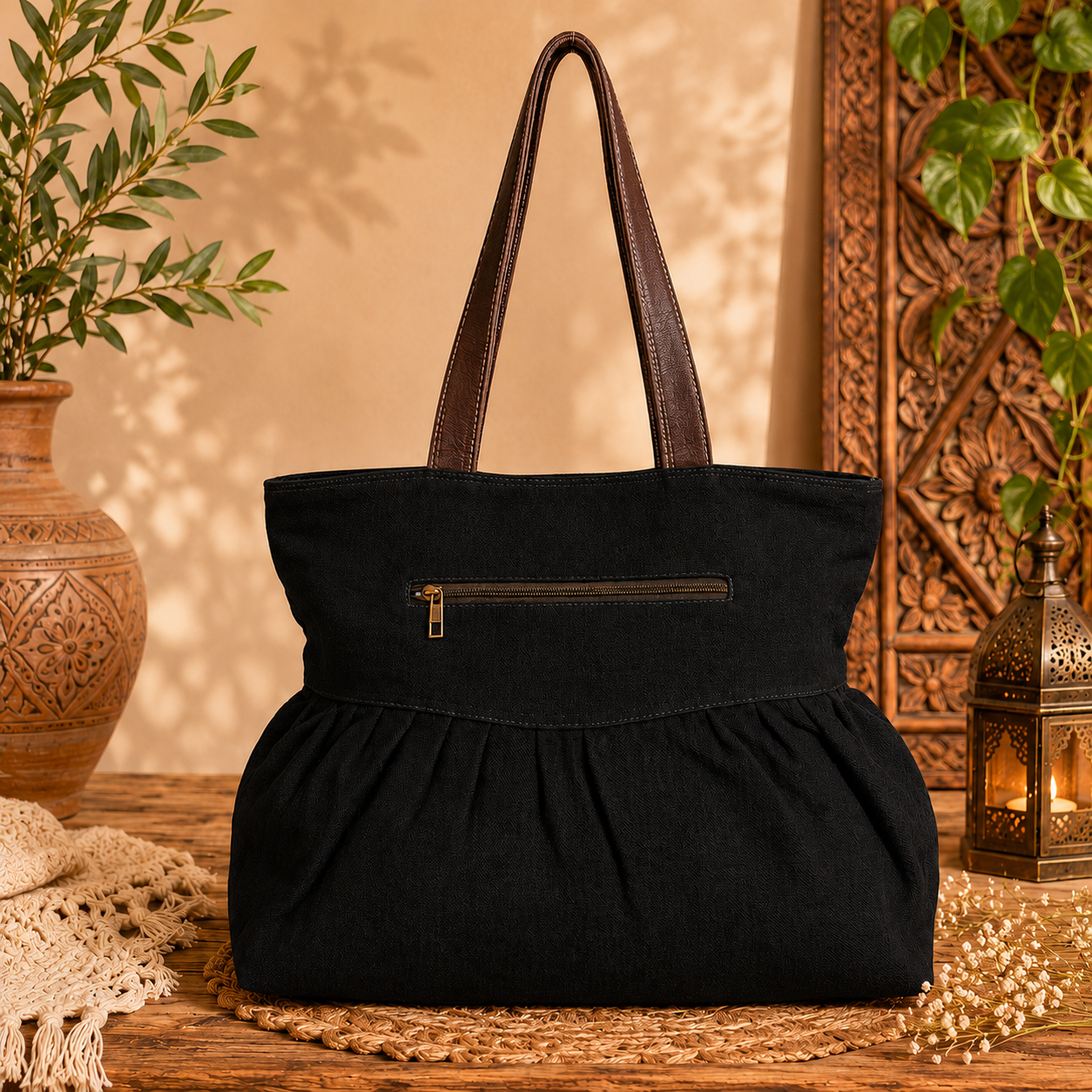 Large Linen Pleated Tote  Bag