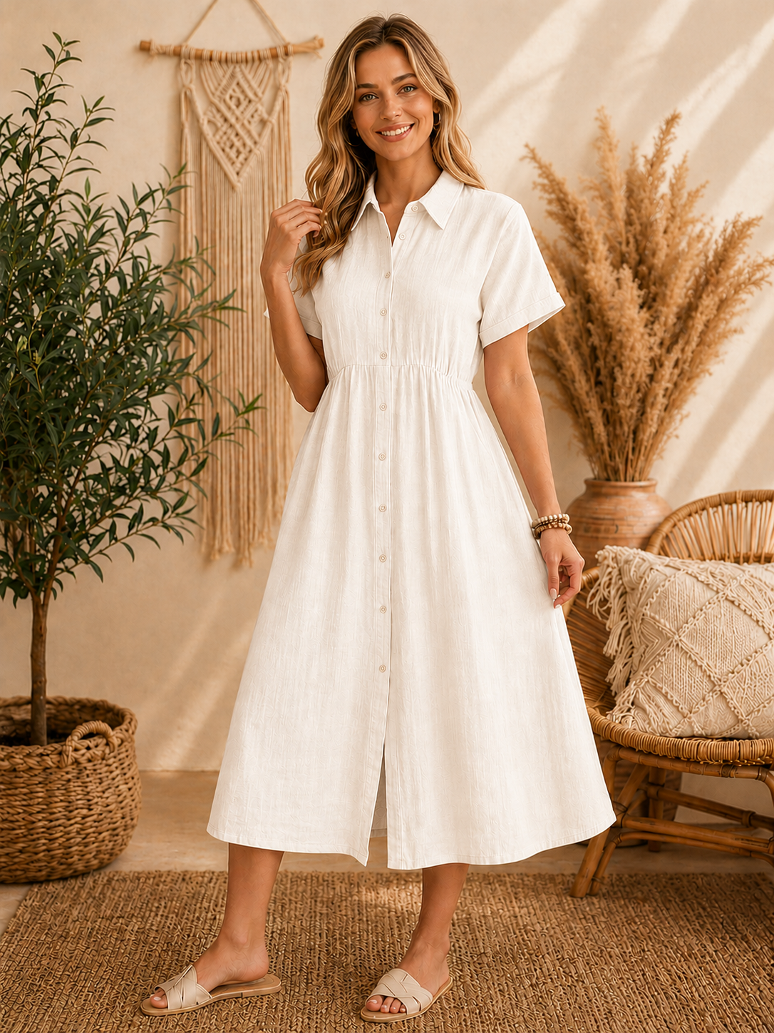 Blush Linen Button-Front Midi Dress – Relaxed Boho Summer Dress