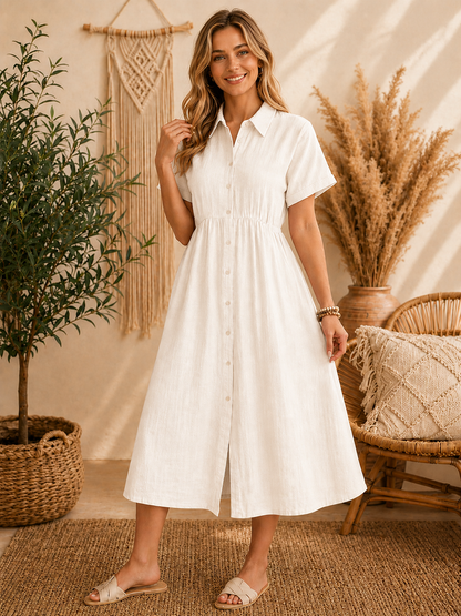 Blush Linen Button-Front Midi Dress – Relaxed Boho Summer Dress