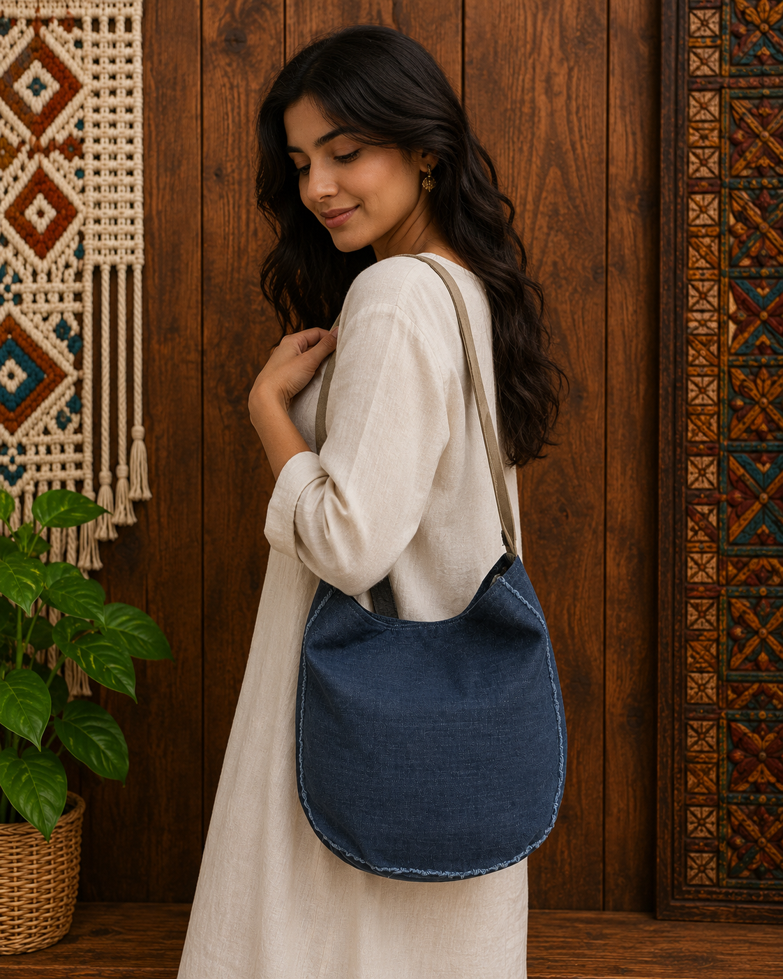 Large Linen Hobo Shoulder Bag