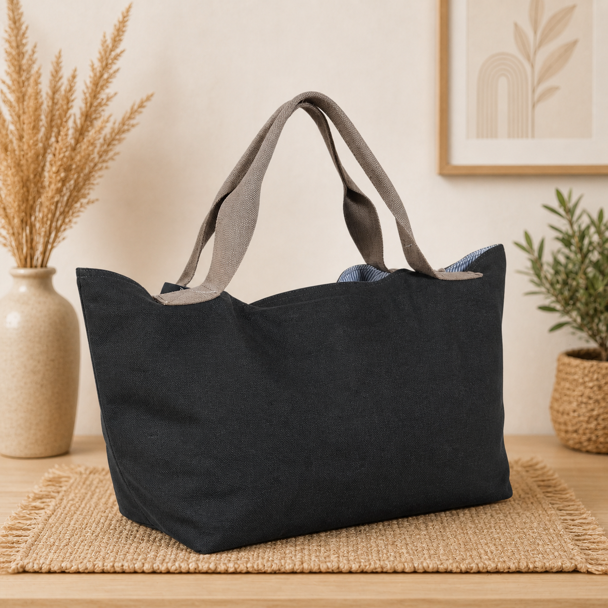 Large Linen Shoulder Tote Bag