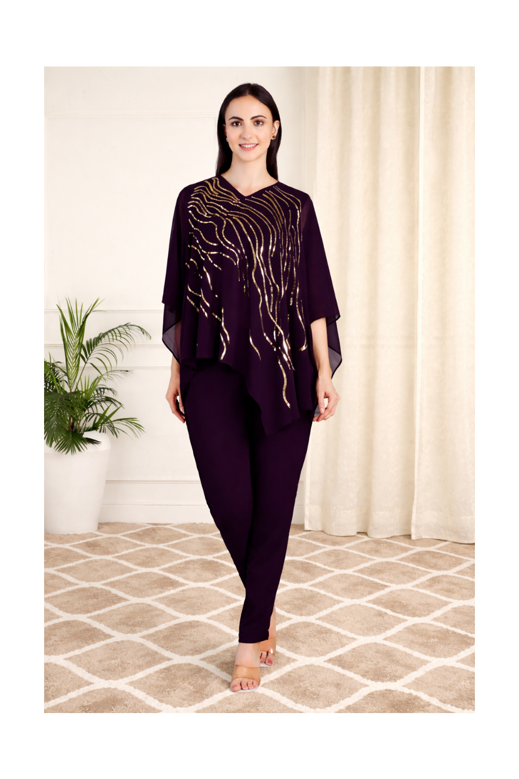 Designer Asymmetric Sequins Embellished Top with Matching Pants
