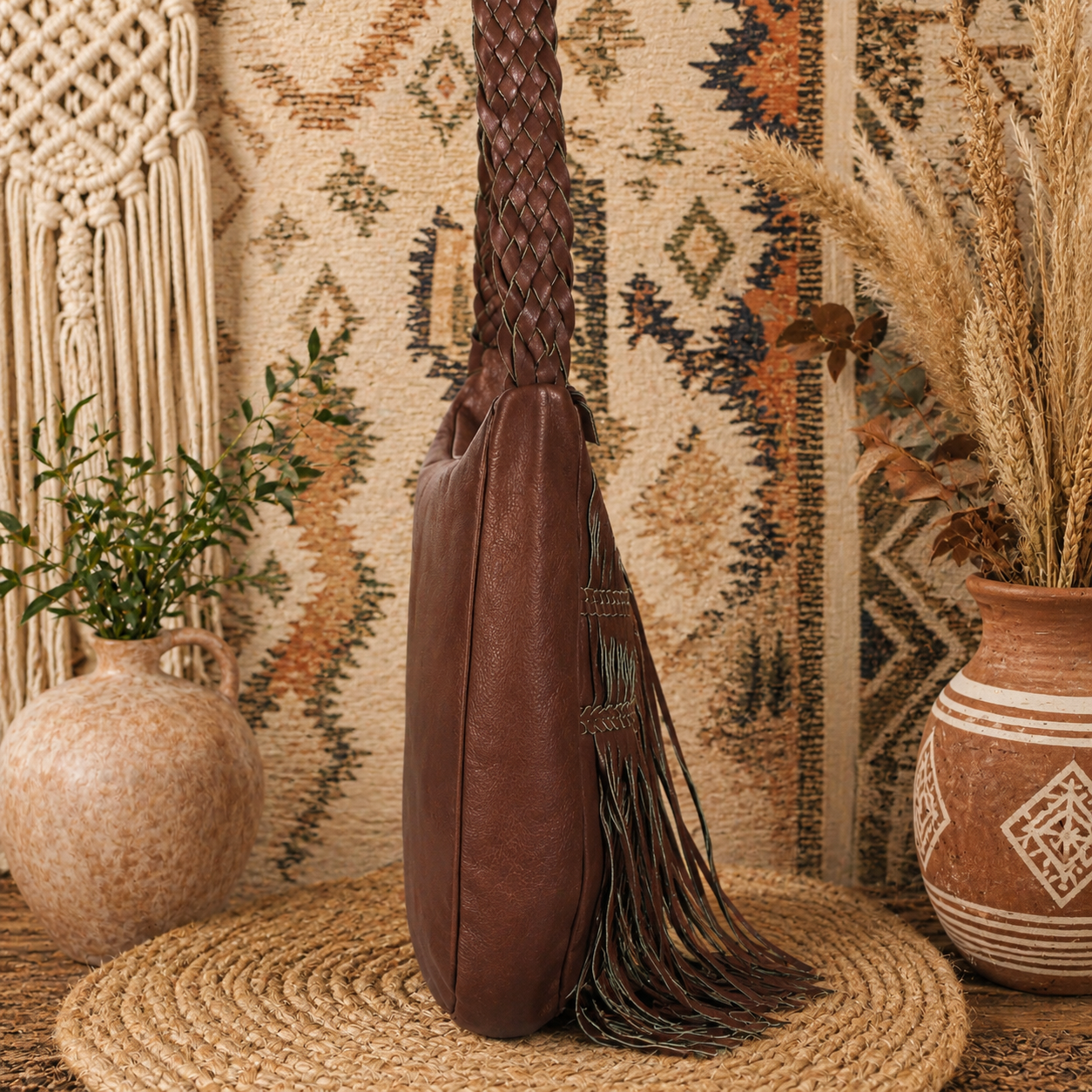 Boho Luxe: Cognac Leather Baguette Fringe Handbag