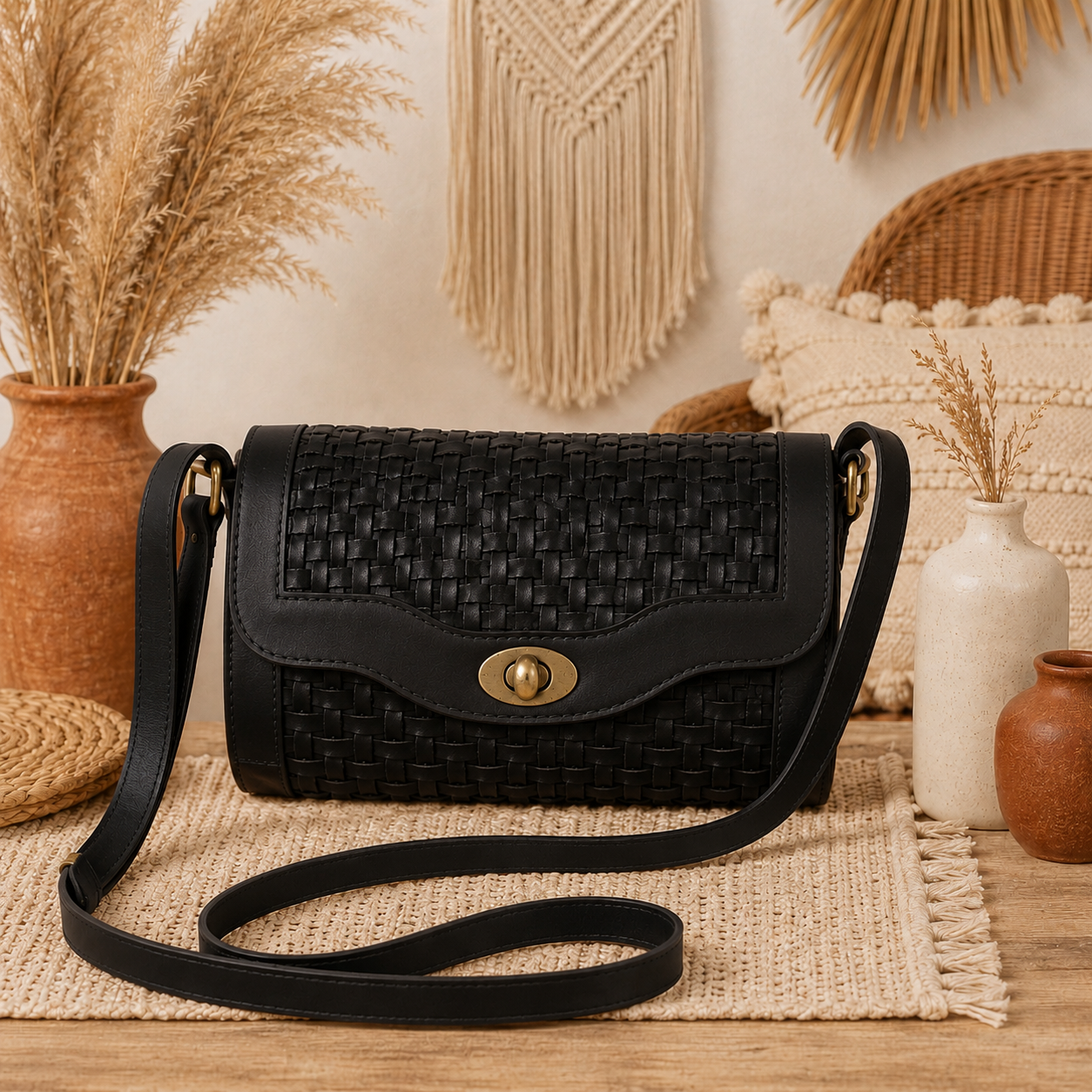 Barrel Leather Bag with Twill Weave