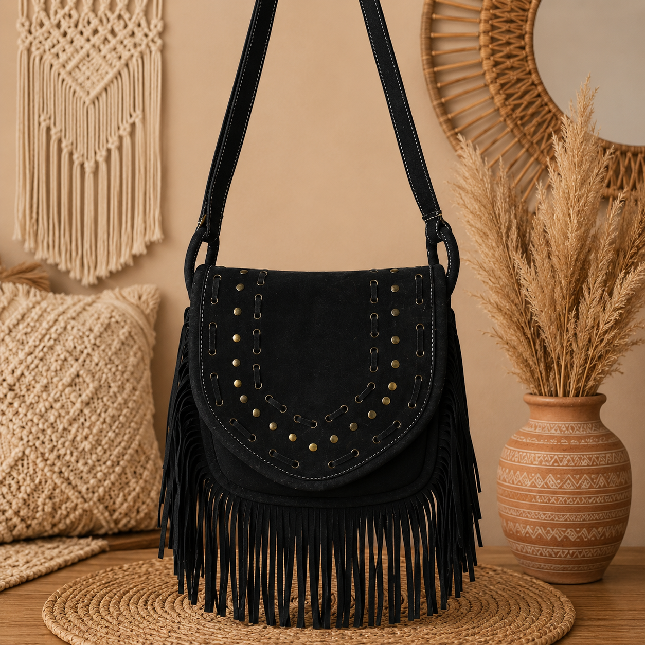 Suede Crossbody Leather Bag  with Fringes