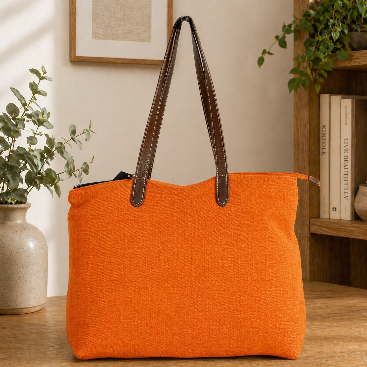 Timeless Linen Handbag with Genuine Leather Handles