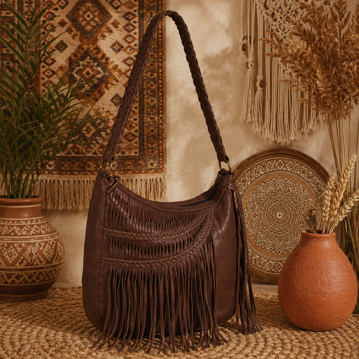Boho Luxe: Cognac Leather Baguette Fringe Handbag