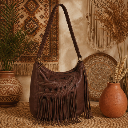 Boho Luxe: Cognac Leather Baguette Fringe Handbag