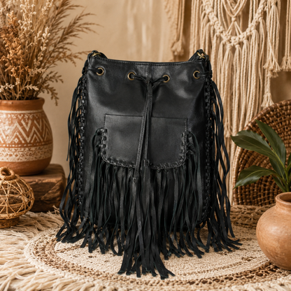 Midnight Boho Fringe Leather Bucket Bag