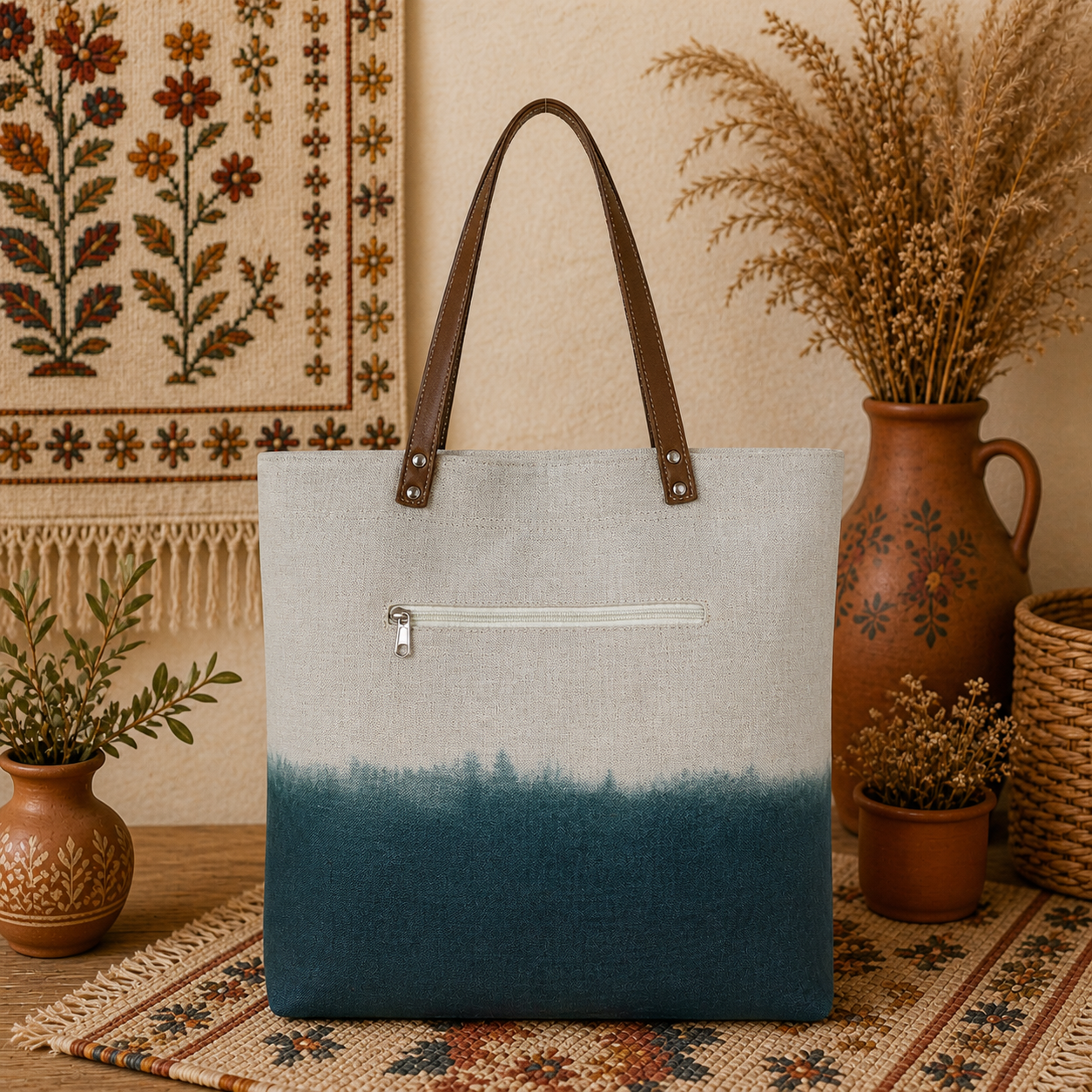 Linen Tote Bag with Leather Straps & Ombre Effect