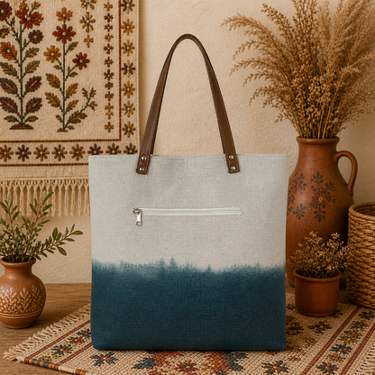 Linen Tote Bag with Leather Straps & Ombre Effect