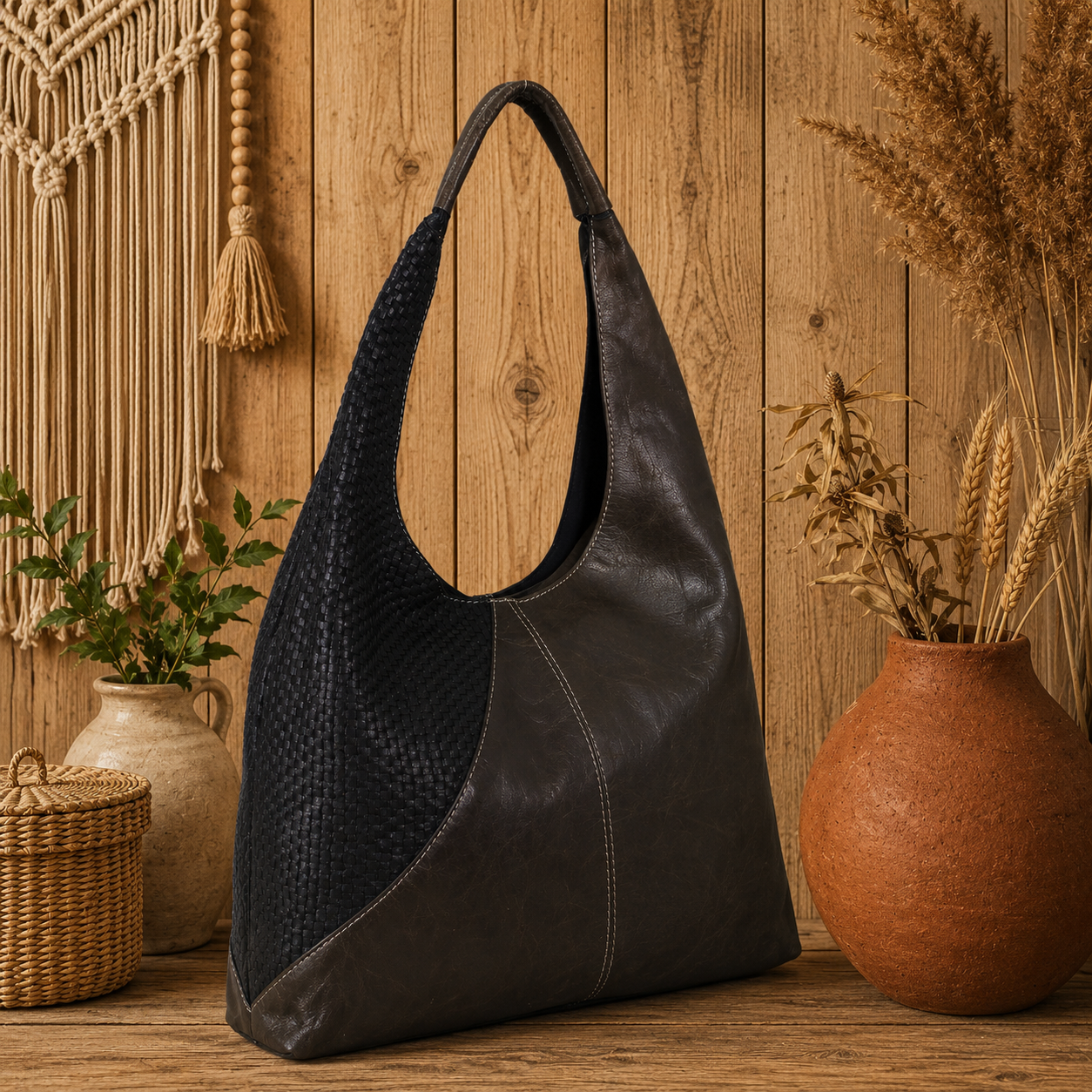 Hobo Leather Handbag with Basket Weave Patchwork