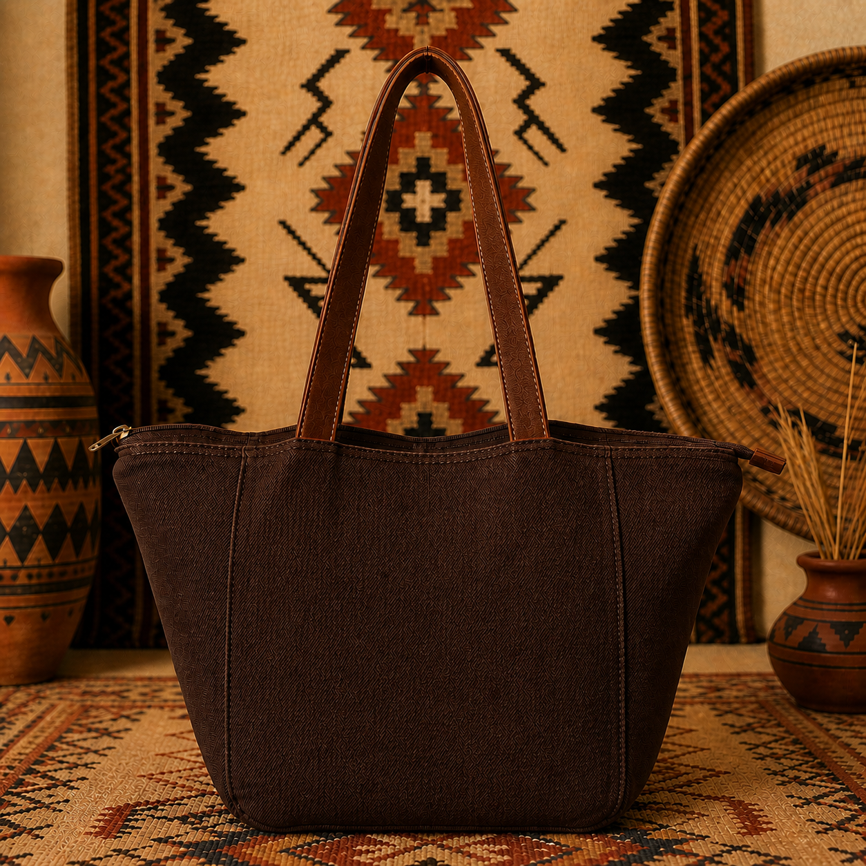 Large Linen Tote Bag with Leather Strap