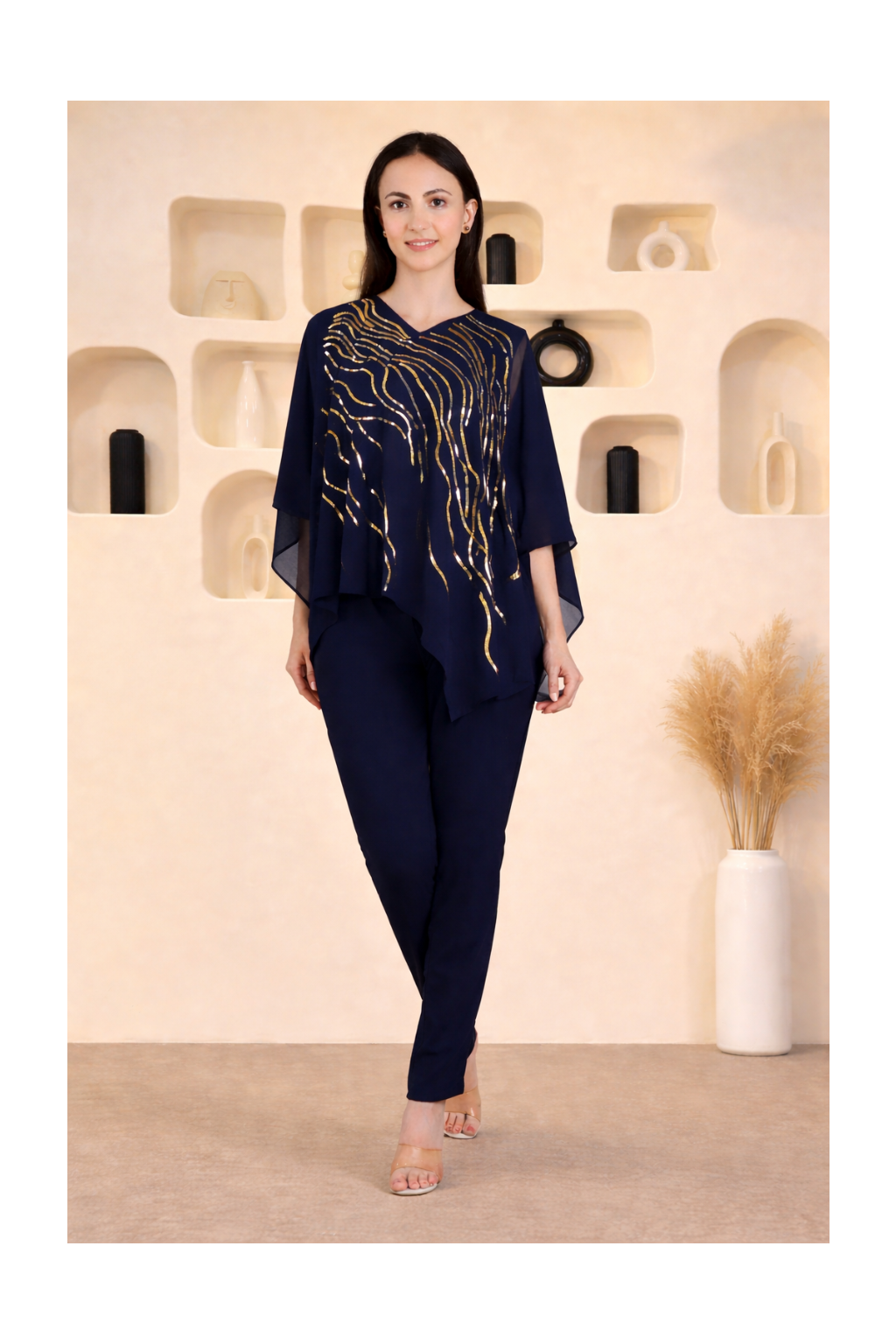 Designer Asymmetric Sequins Embellished Top with Matching Pants