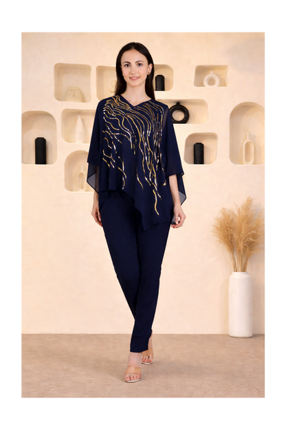 Designer Asymmetric Sequins Embellished Top with Matching Pants