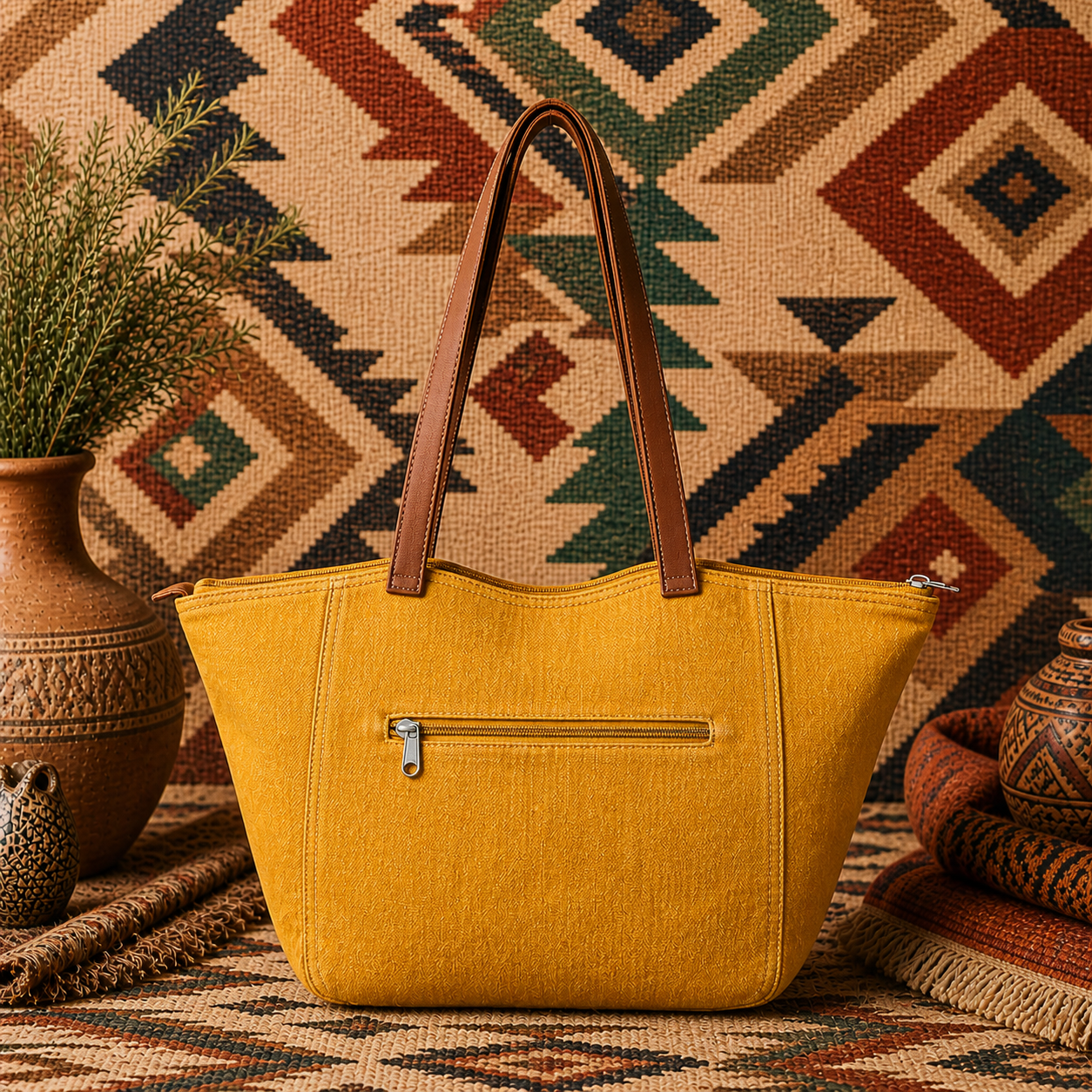 Large Linen Tote Bag with Leather Strap