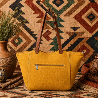 Large Linen Tote Bag with Leather Strap