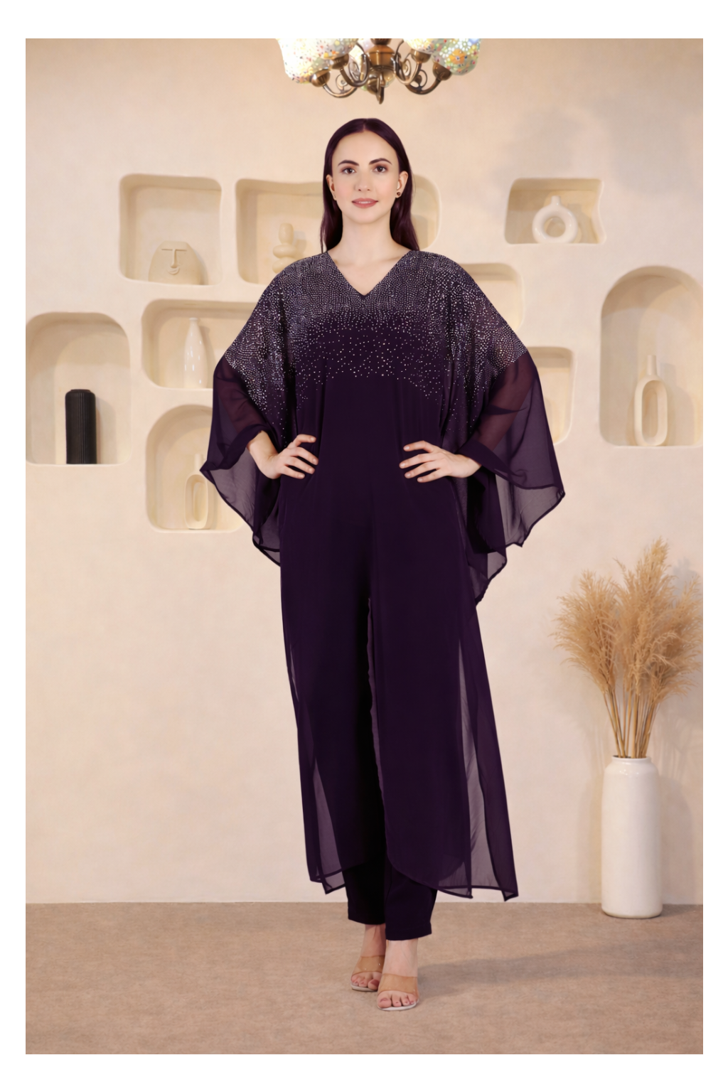 Premium Sequins Motifs Embellished Kaftan Style Top with Coordinated Pants