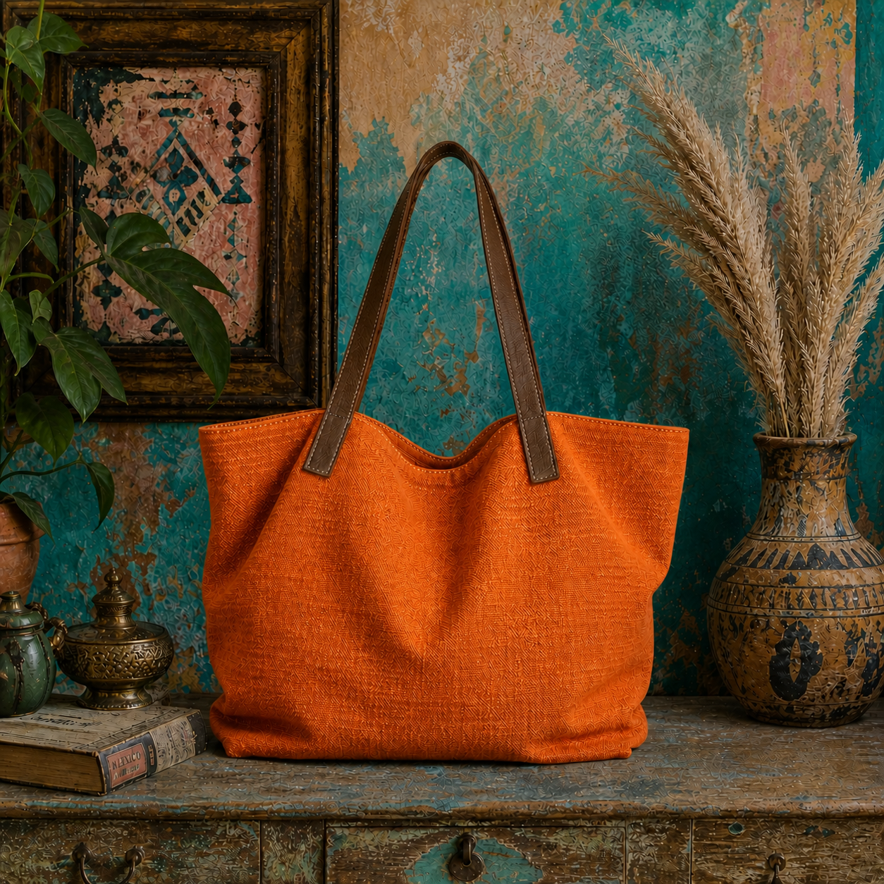 Large Linen Shoulder Tote Bag with Leather Strap