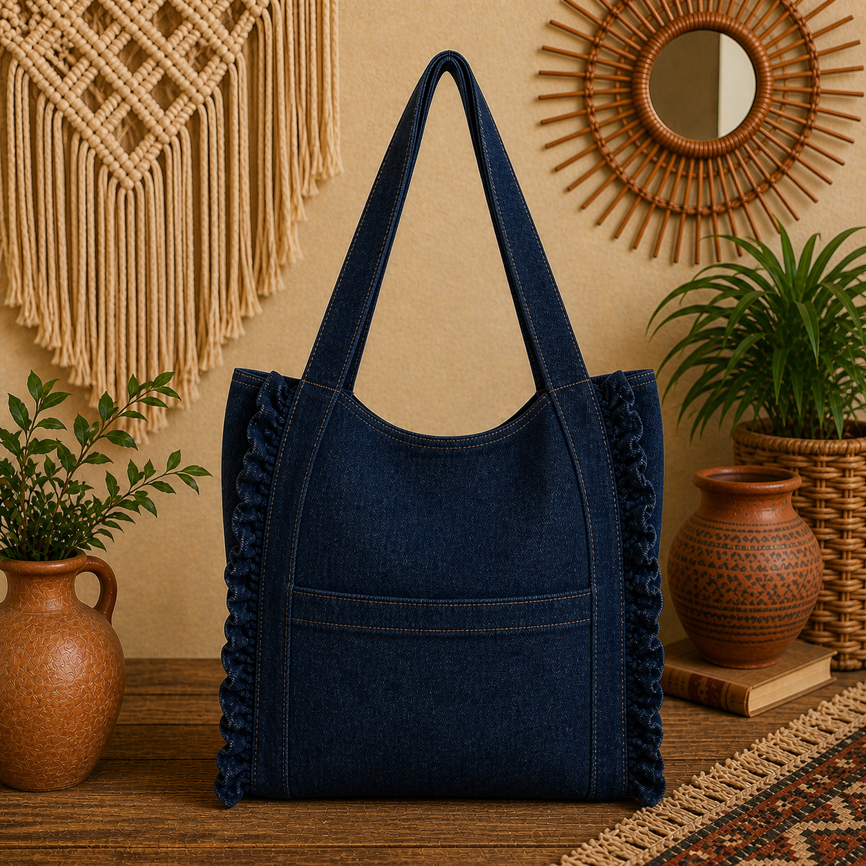 Large Linen Shoulder Tote Bag