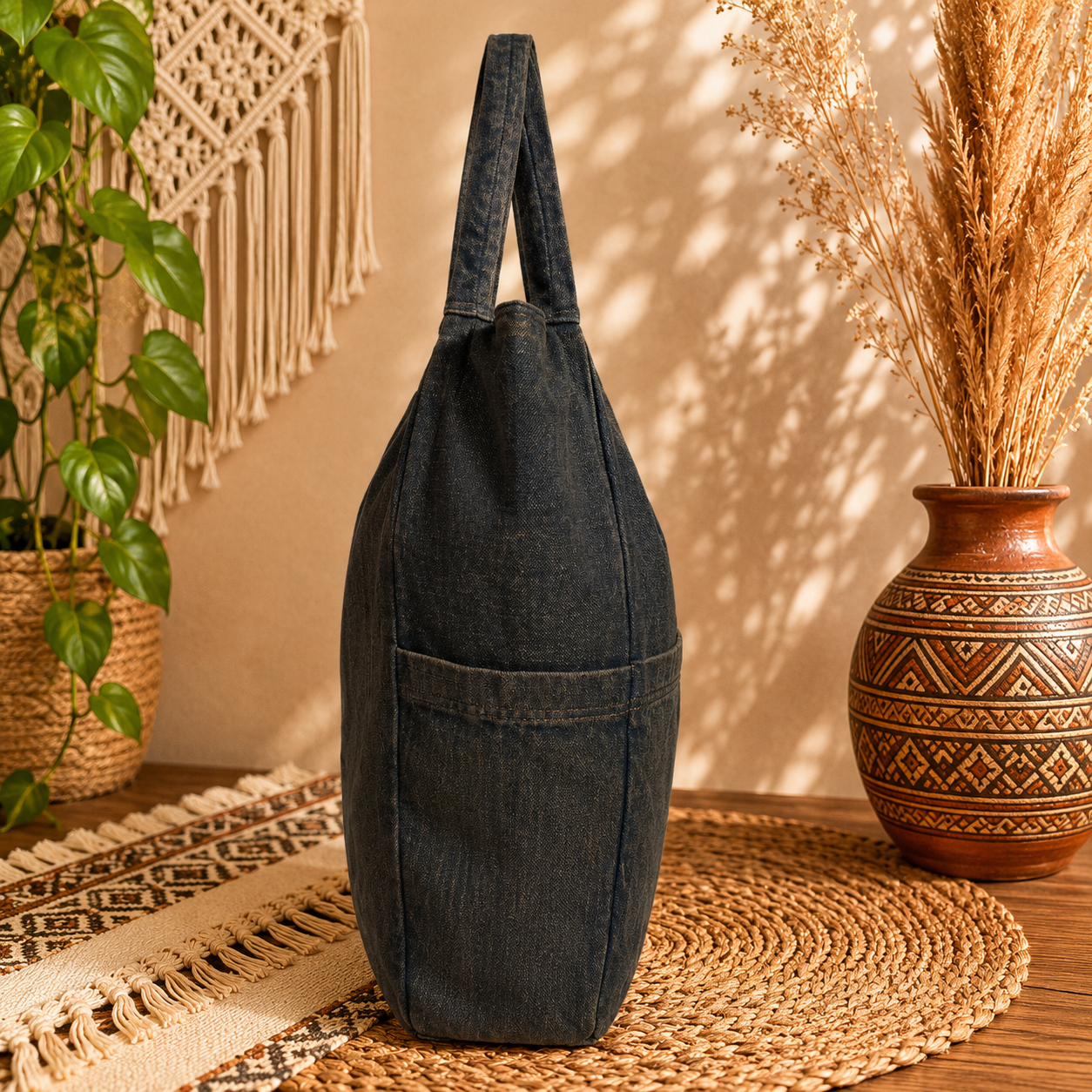 Large Linen Stone washed Shoulder Tote Bag