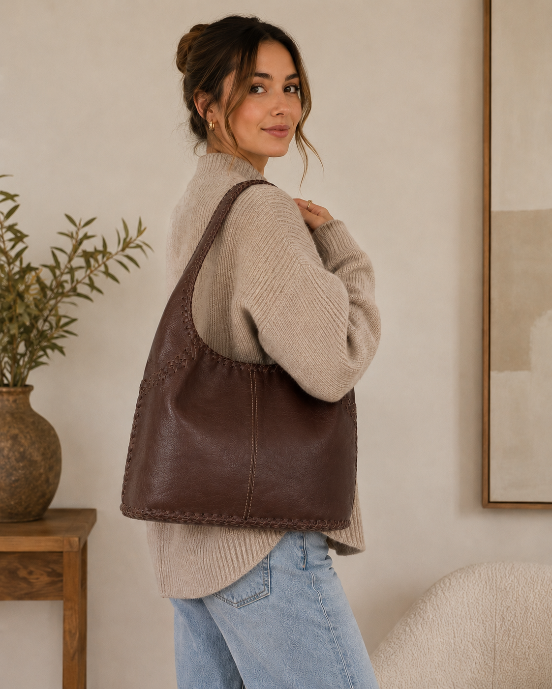 Cognac Women’s Leather Hobo Handbag