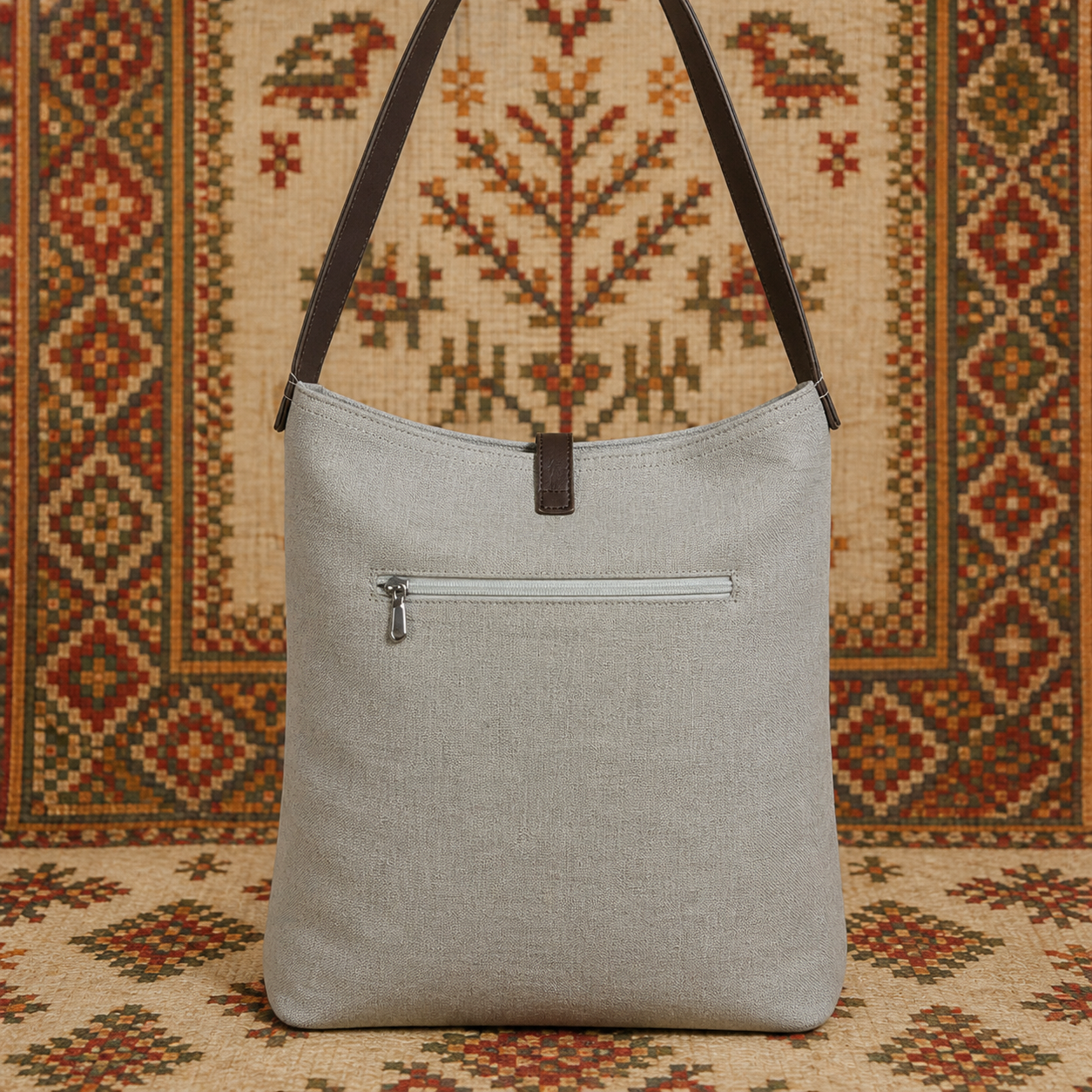 Large Linen Tote Bag with Leather Straps &  Pockets