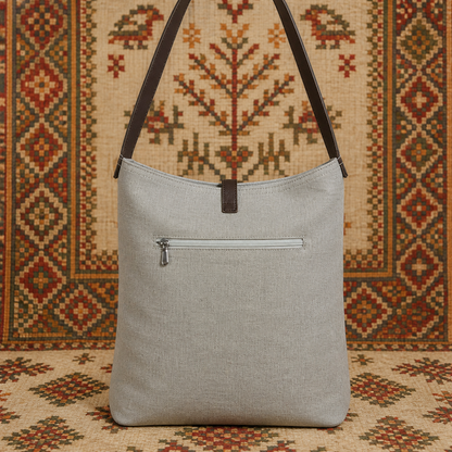 Large Linen Tote Bag with Leather Straps &  Pockets